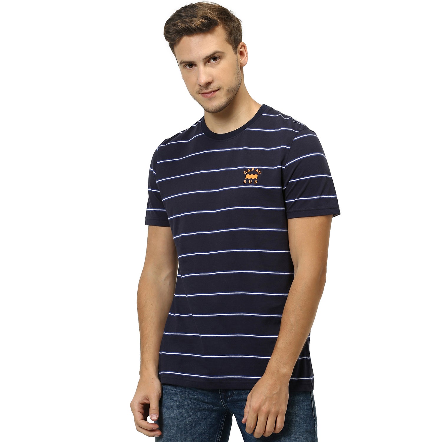 Navy Blue Striped Round Neck Pure Cotton T-shirt (RECUTEIN)