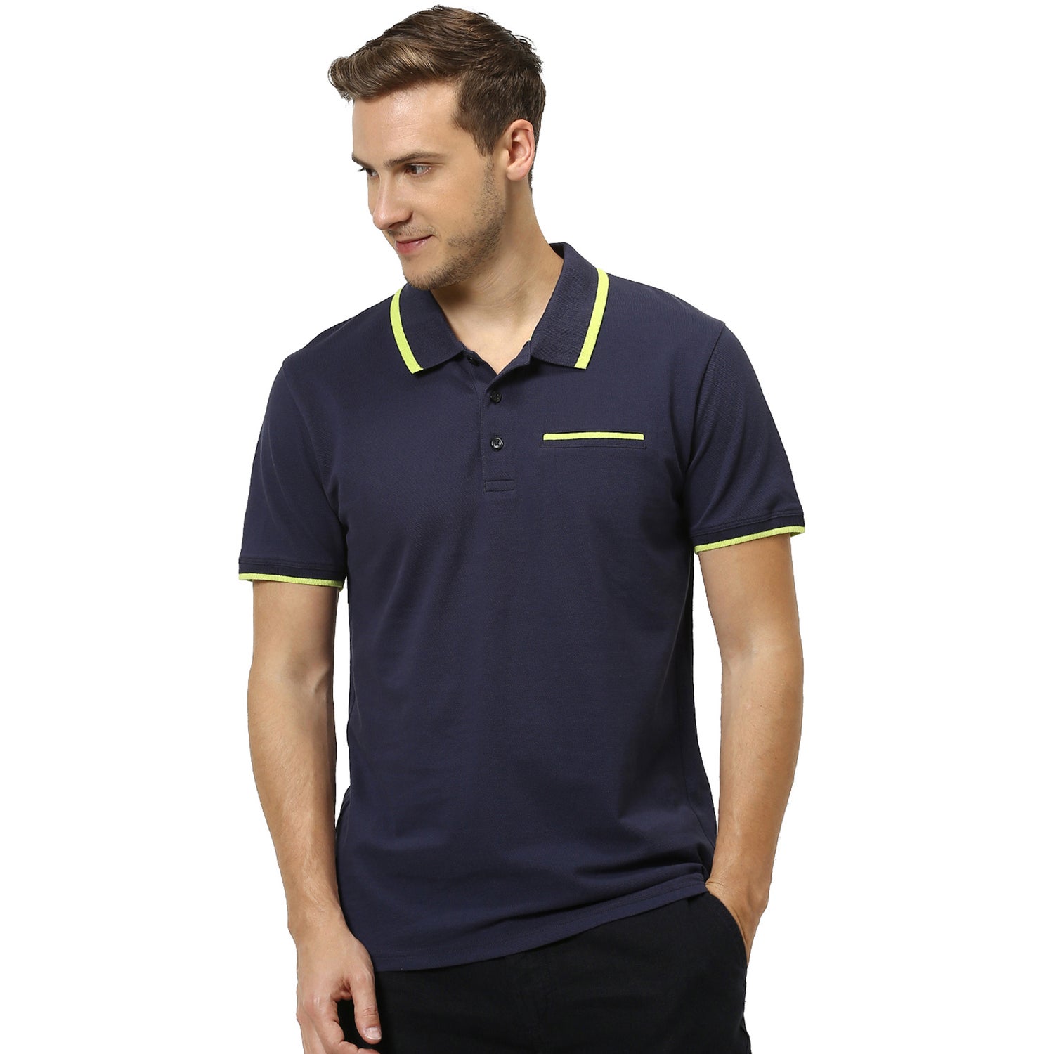 Navy Blue Solid Polo Collar T-shirt (RENEOTIP)