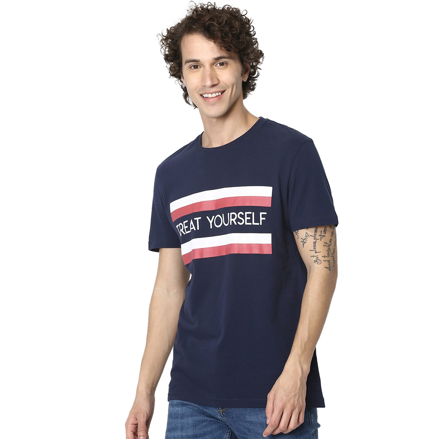 Navy Blue Printed Round Neck Pure Cotton T-shirt (REPEACH)