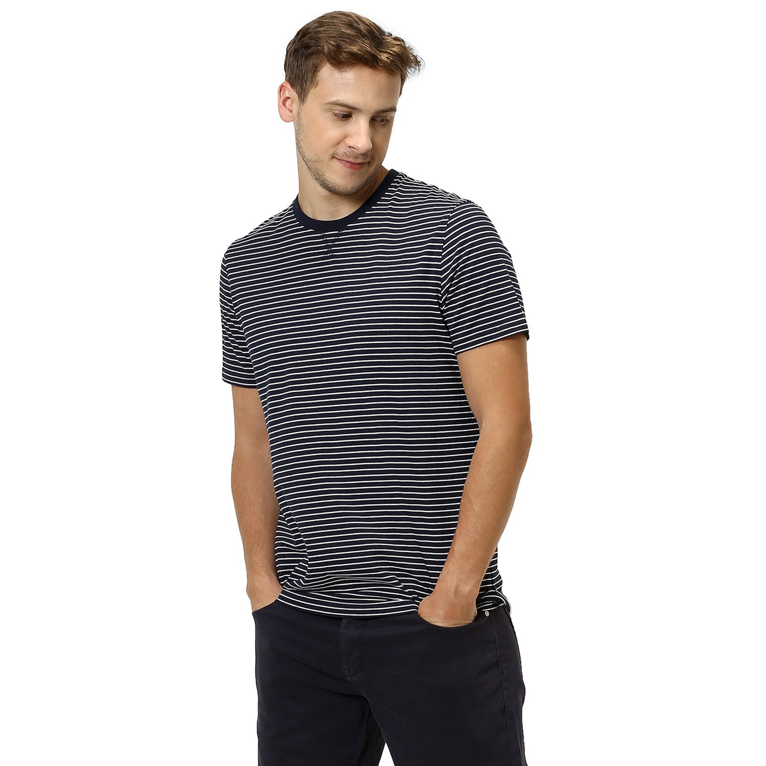 Navy Striped Regular Fit T-Shirt (RESERVE)