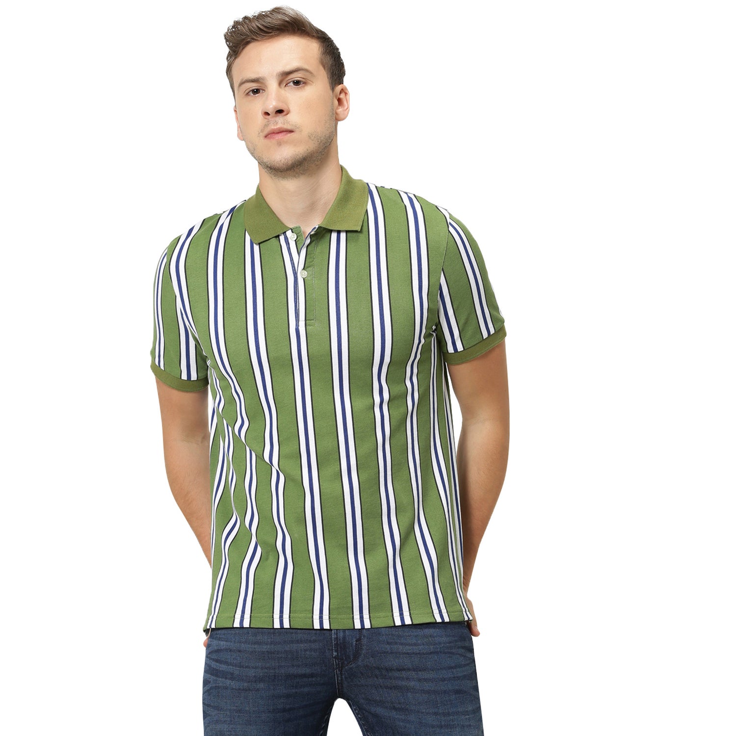 Olive Green Striped Polo Collar T-shirt (RESPORT)