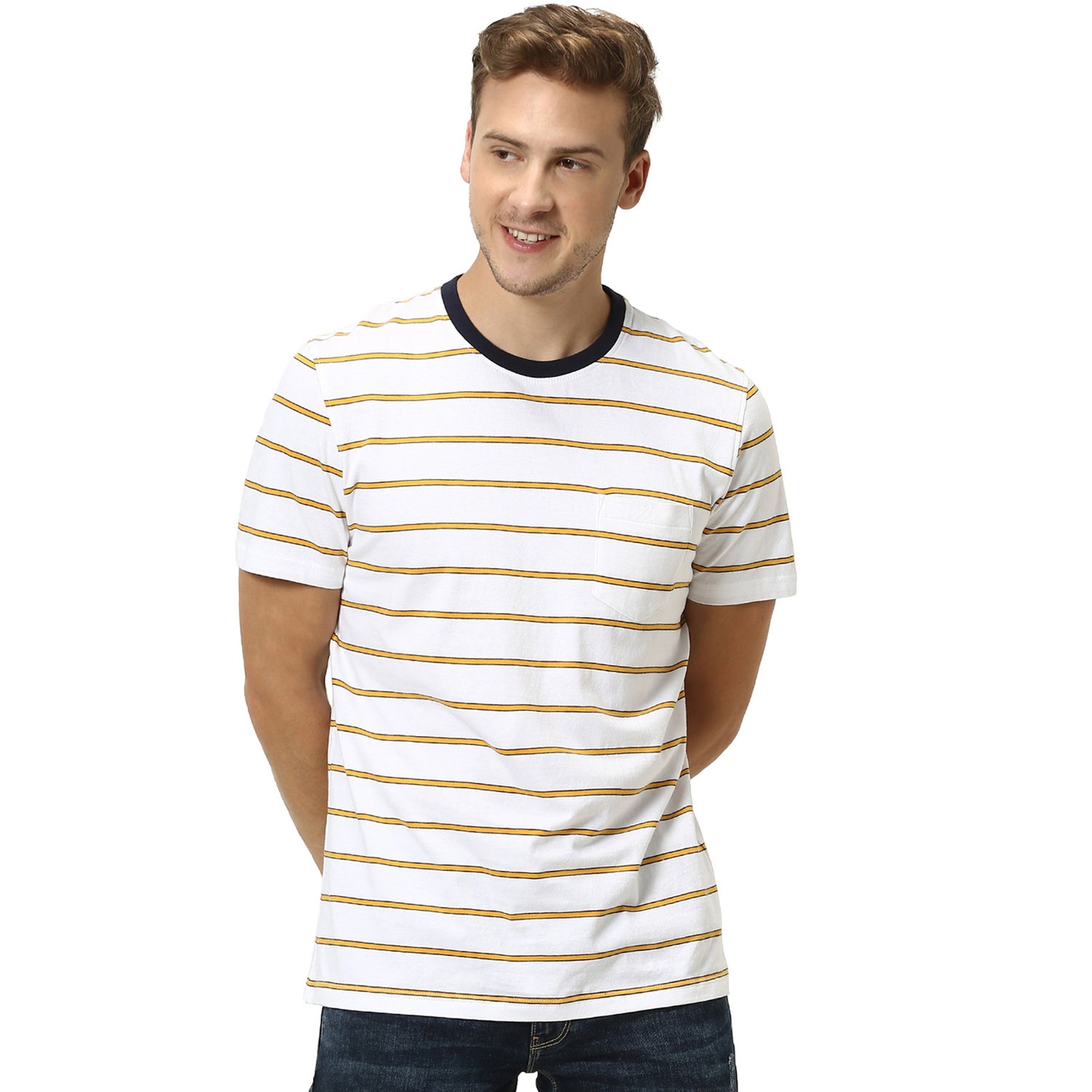 White and Yellow Striped Round Neck Pure Cotton T-shirt (RESYMP)