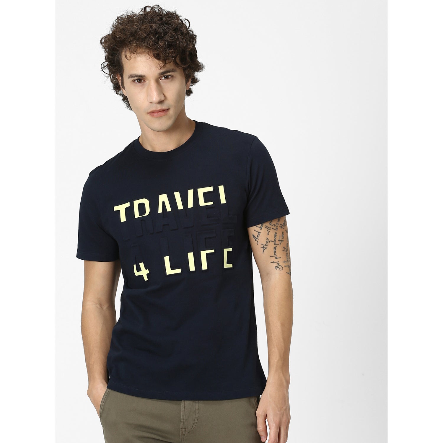 Navy Blue and Yellow Printed Round Neck Pure Cotton T-shirt (RETRAVEL)