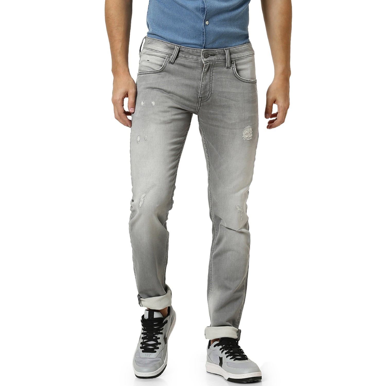 Grey Slim Fit Mid-Rise Low Distress Stretchable Knitted Jeans (ROKGREY)
