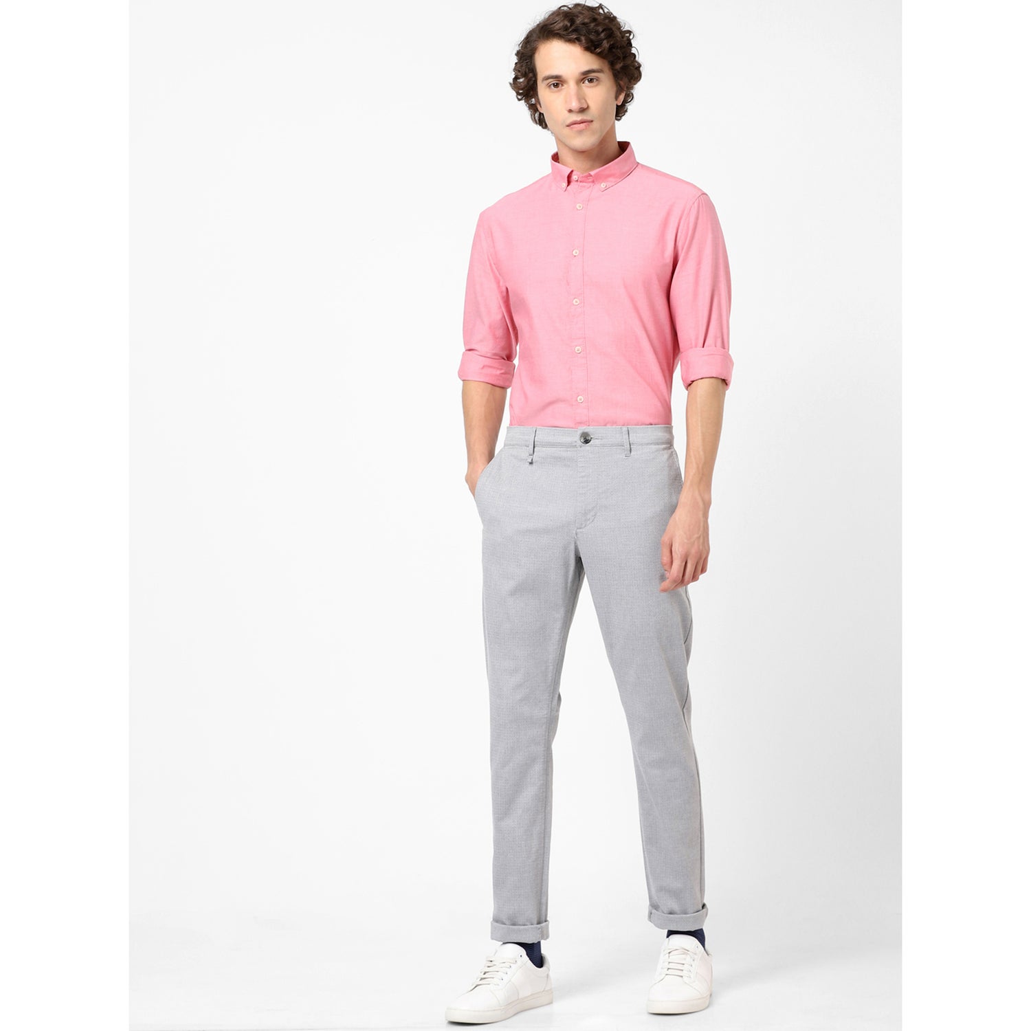 Grey Slim Fit Self Design Regular Trousers (ROPADOBBY)