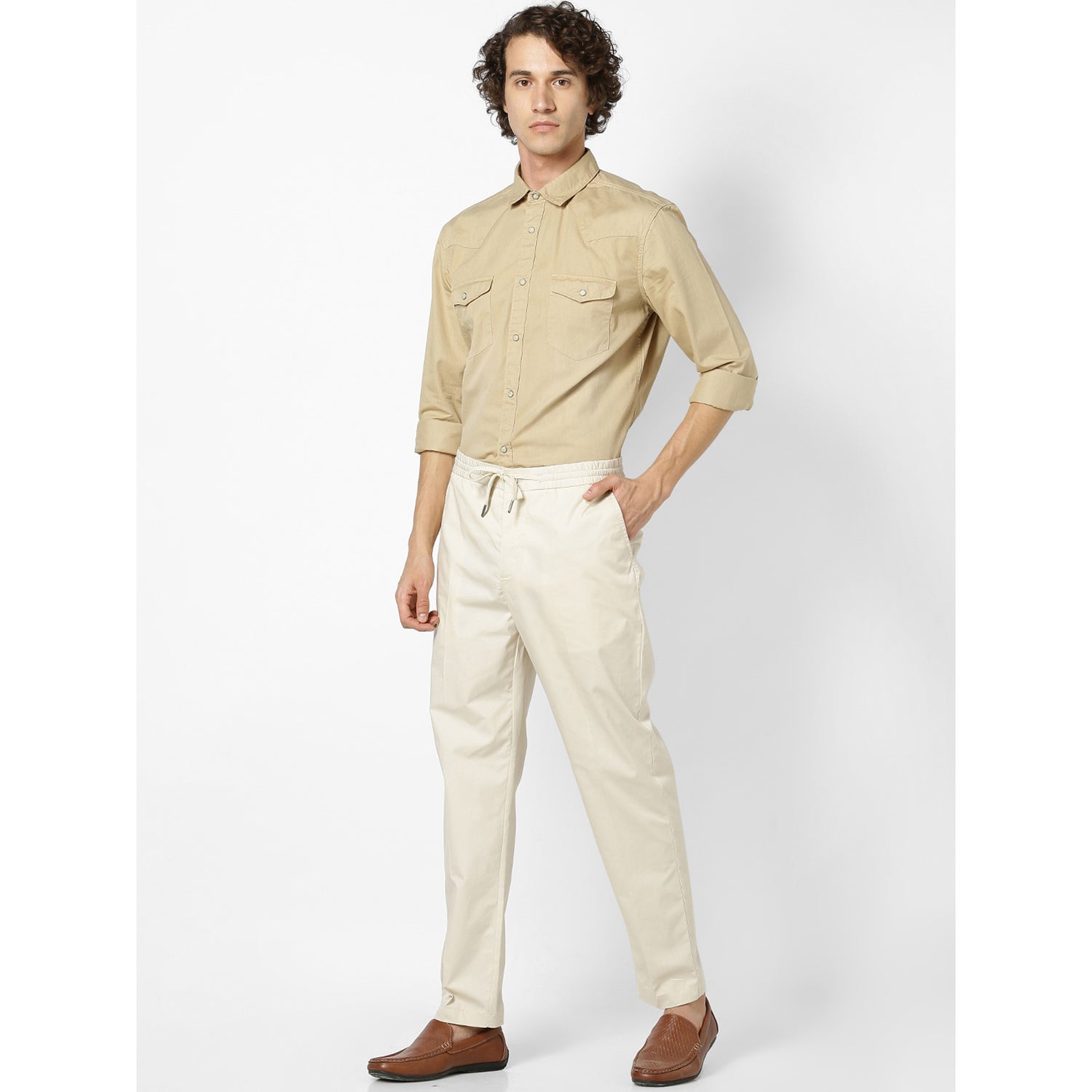 Beige Straight Fit Solid Regular Trousers (ROPOE)