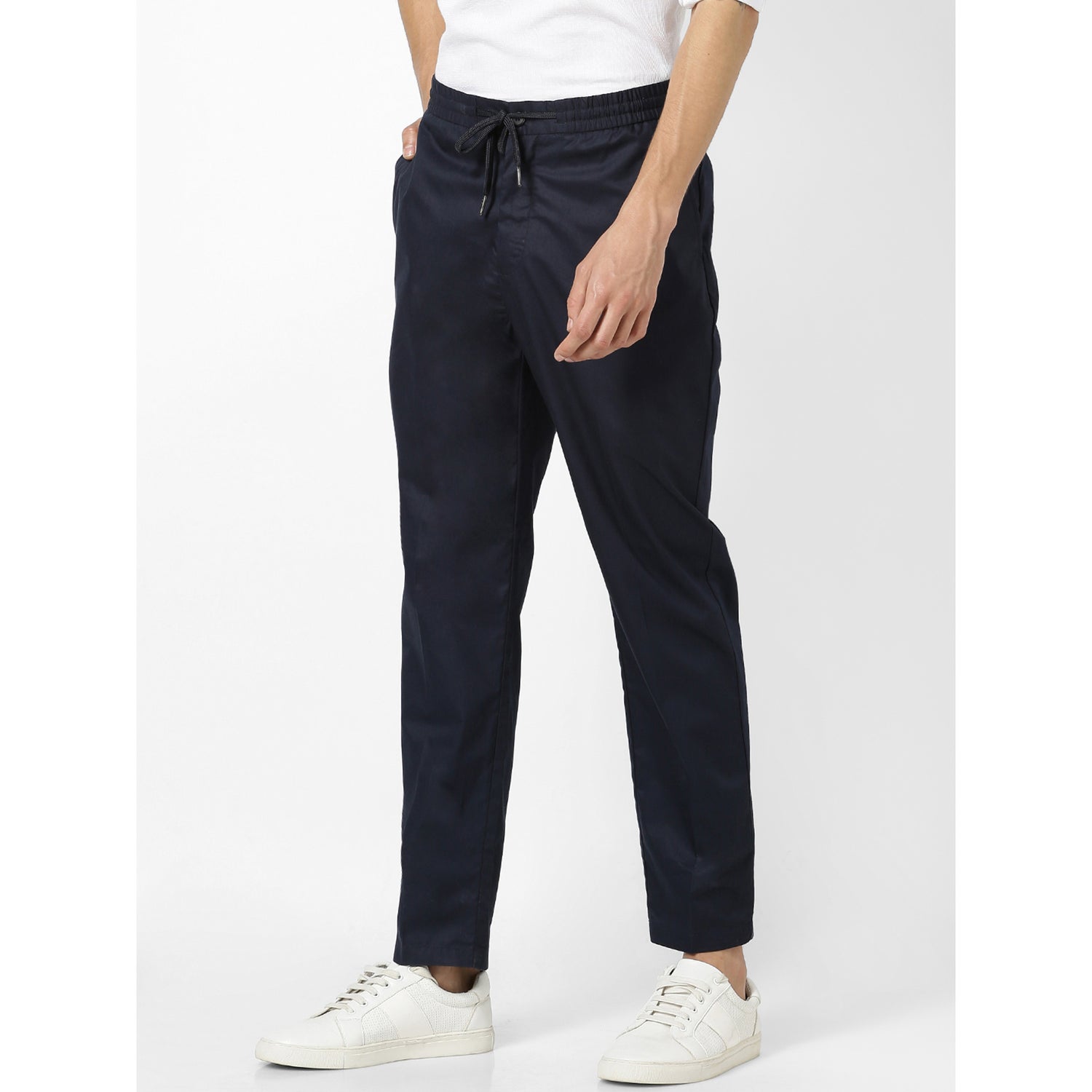 Navy Blue Straight Fit Solid Regular Trousers (ROPOE)