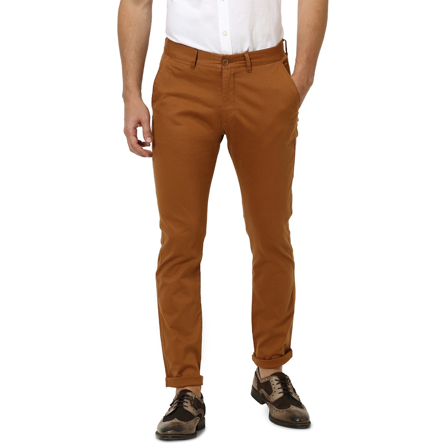 Brown Slim Fit Solid Regular Sustainable Trousers (ROSTRU)