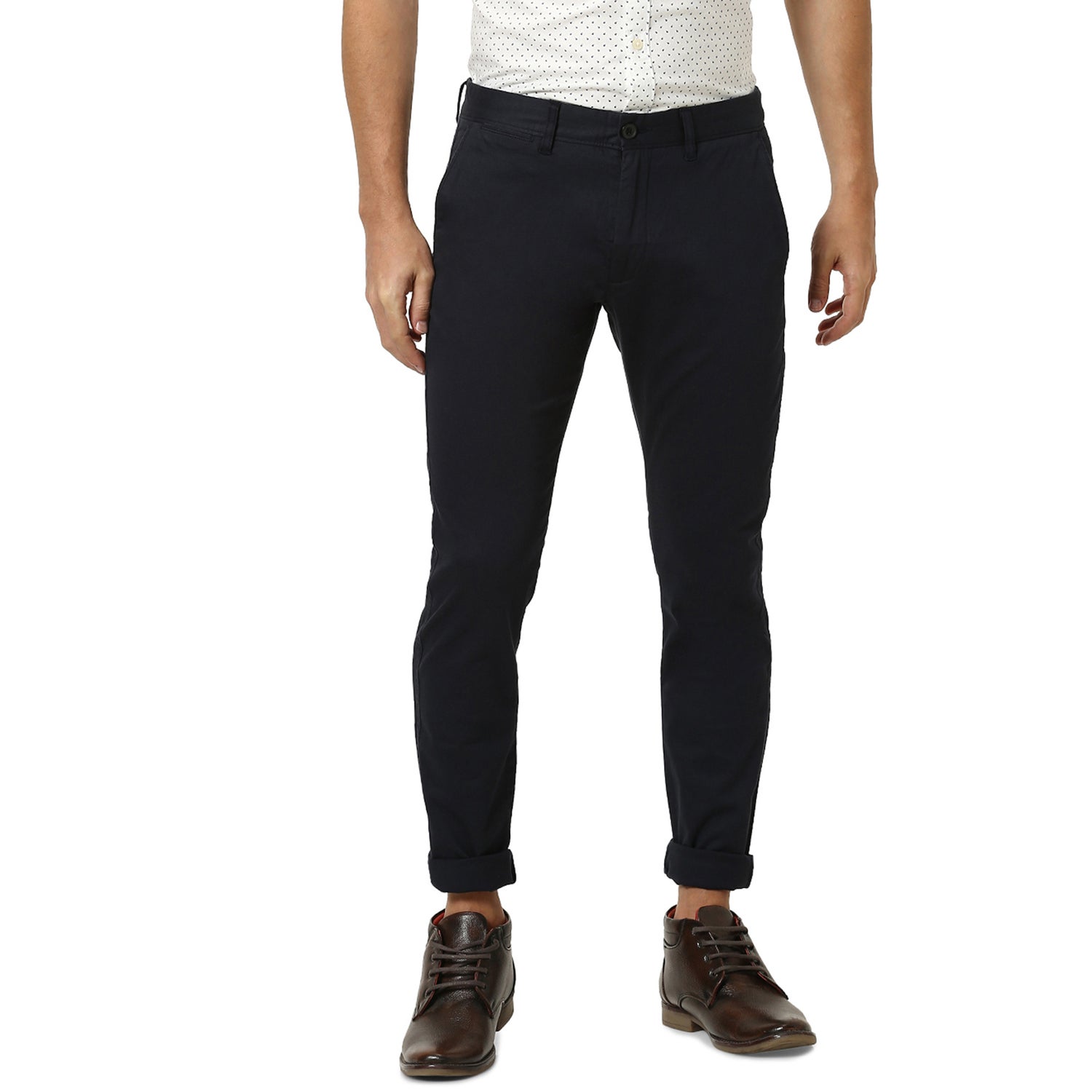 Navy Blue Slim Fit Solid Regular Linen Cotton Sustainable Trousers (ROSTRU)