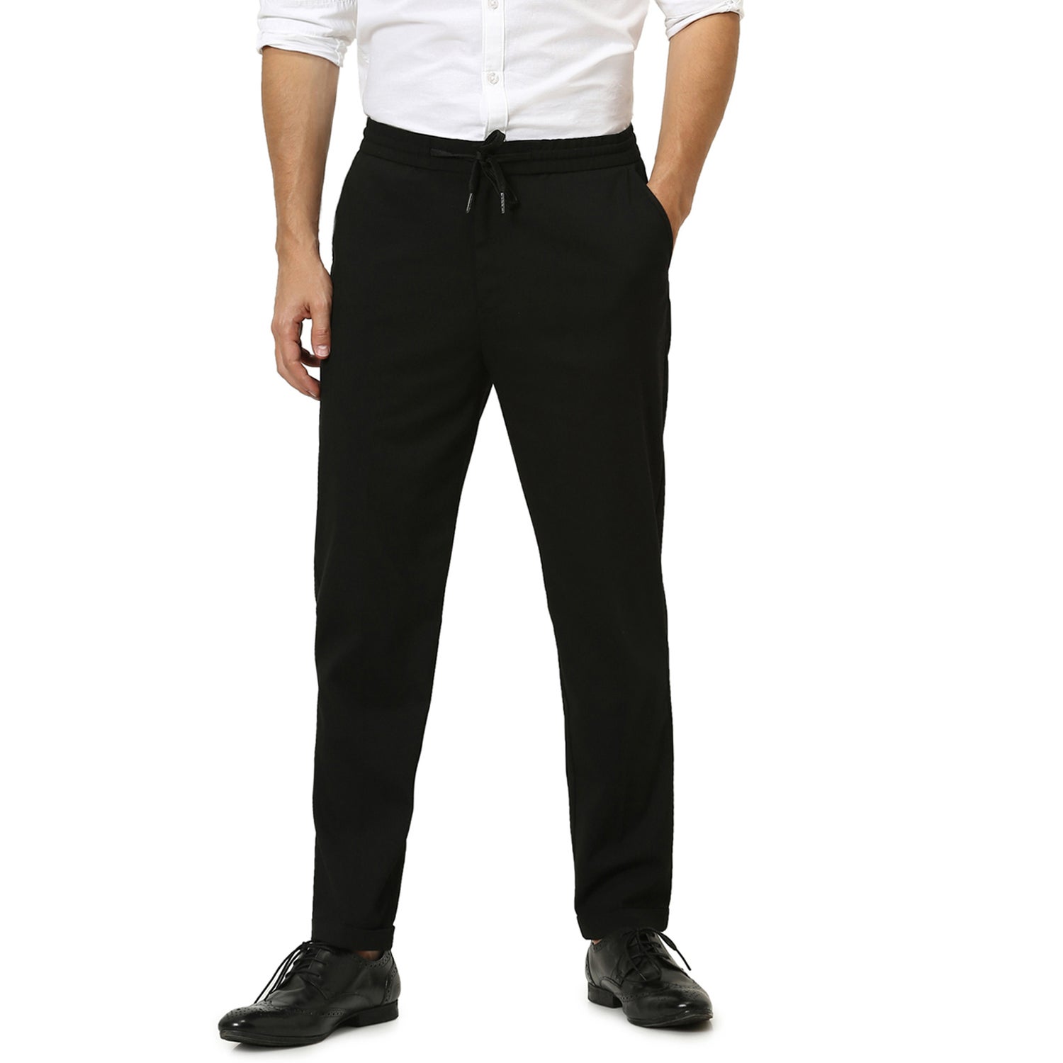 Black Slim Fit Solid Regular Trousers (ROTHEO1)