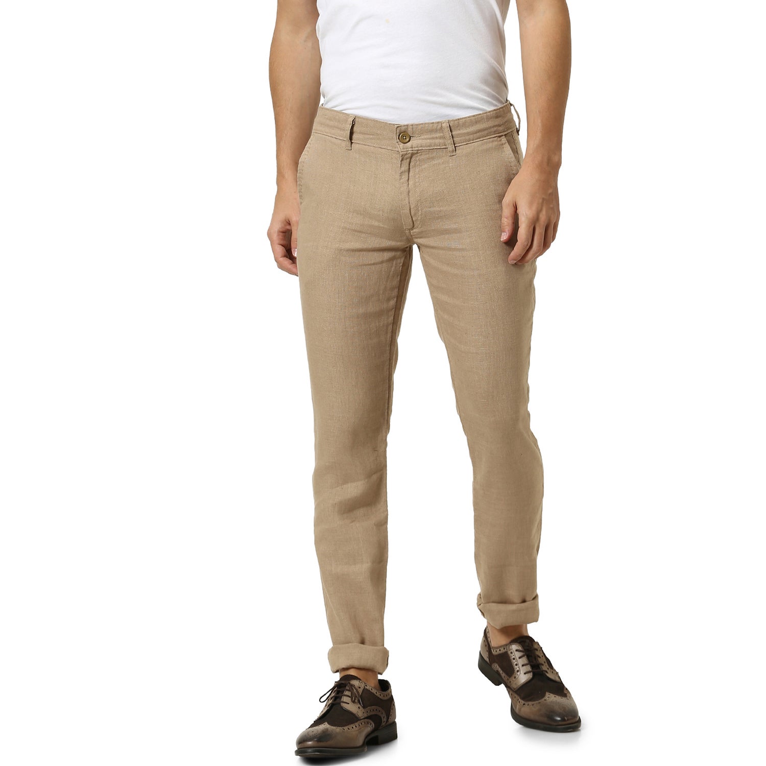 Brown Slim Fit Solid Regular Pure Linen Sustainable Trousers (ROZLINEN)