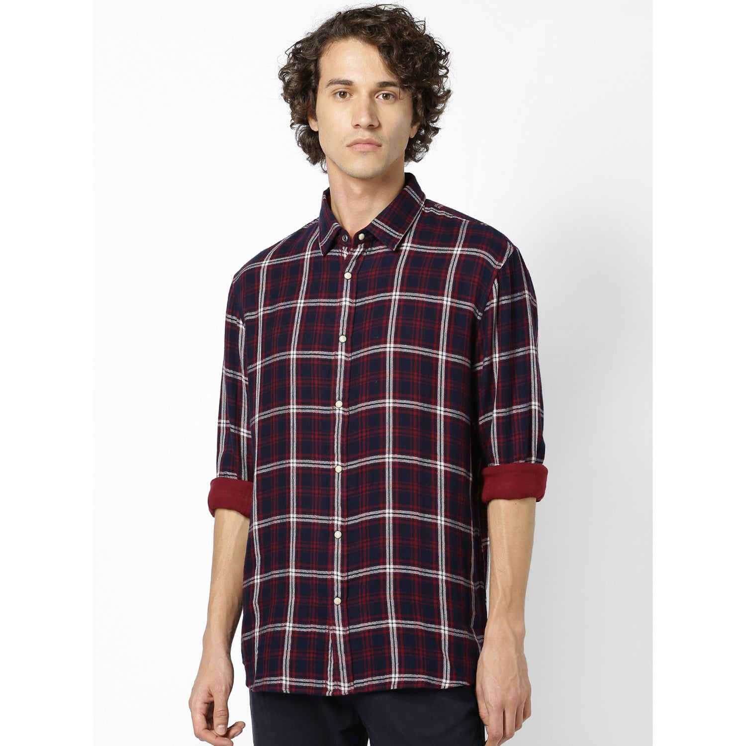 Red and Navy Blue Regular Fit Checked Cotton Casual Shirt (SADOUBLE)