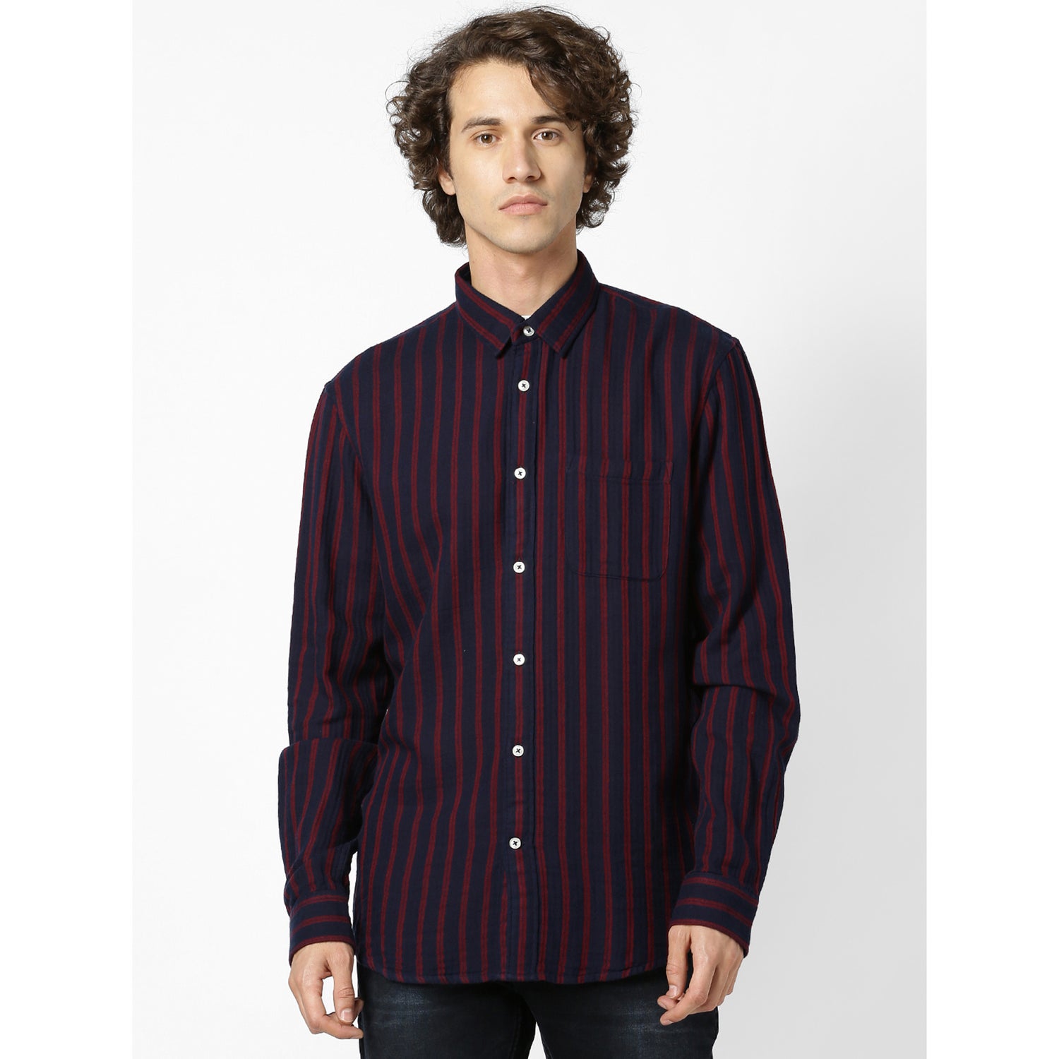 Navy Blue and Red Regular Fit Striped Cotton Casual Shirt (SALIGNE)