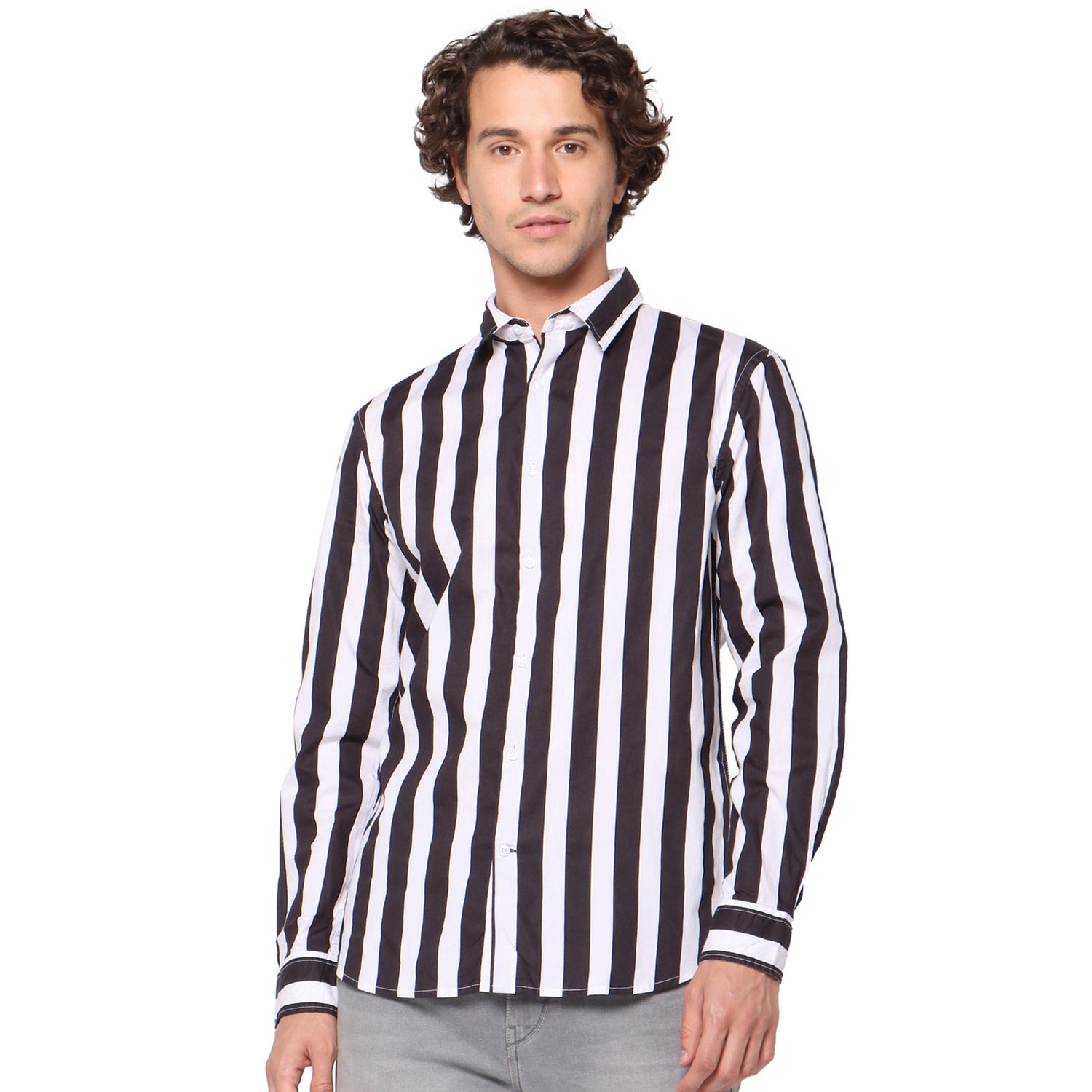 Black and White Regular Fit Striped Pure Cotton Casual Shirt (SALONG)