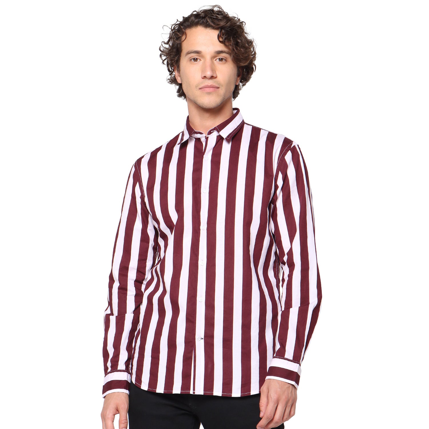 Burgundy and White Regular Fit Striped Casual Shirt (SALONG)