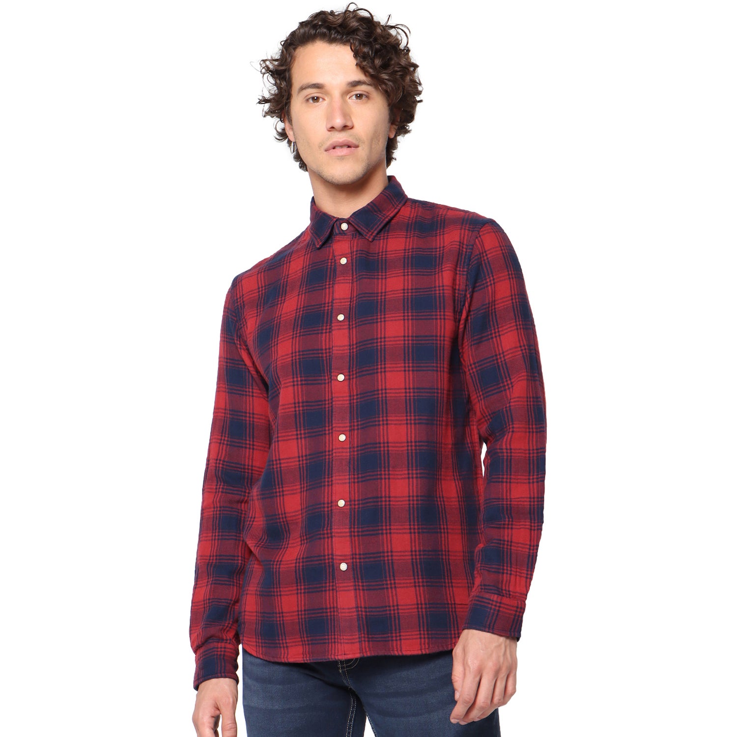 Red and Navy Blue Regular Fit Checked Casual Shirt (SAROUGE)