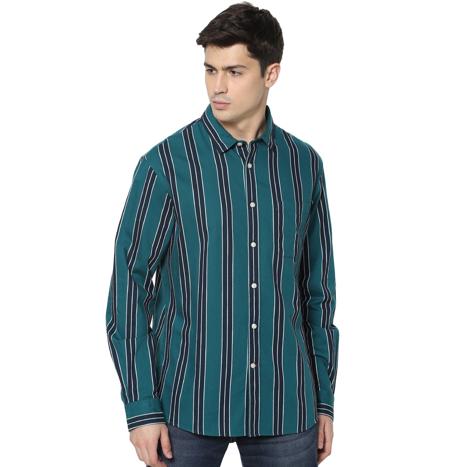 Green Regular Fit Striped Cotton Casual Shirt (SASTRIPE1)