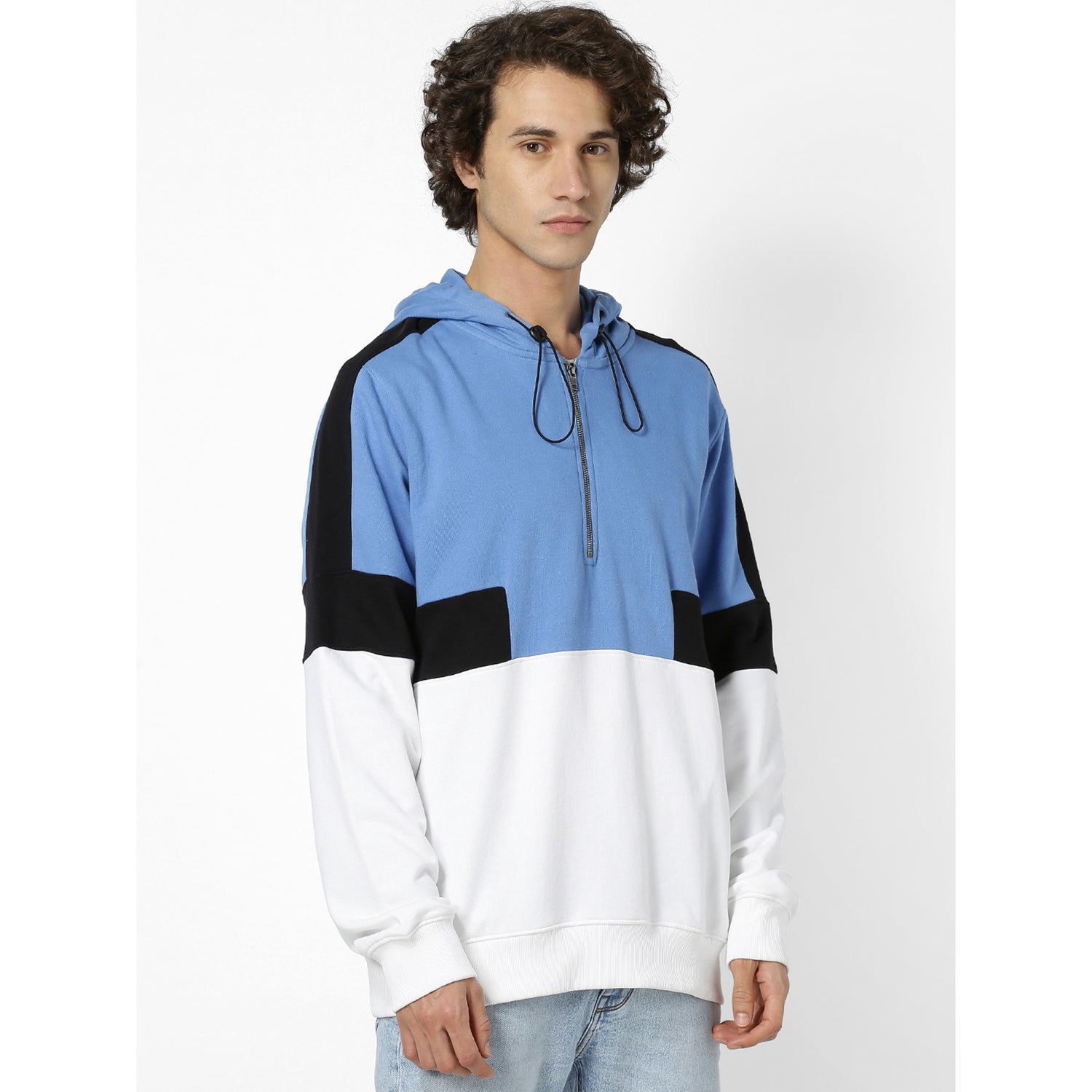 White and Blue Colourblocked Hooded Sweatshirt (SEBANDITIN)