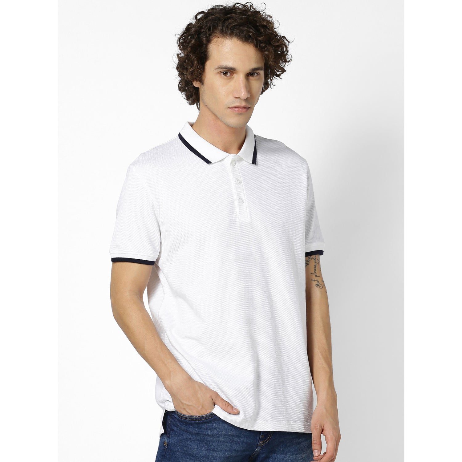 White Solid Polo Collar T-shirt (SECORN)