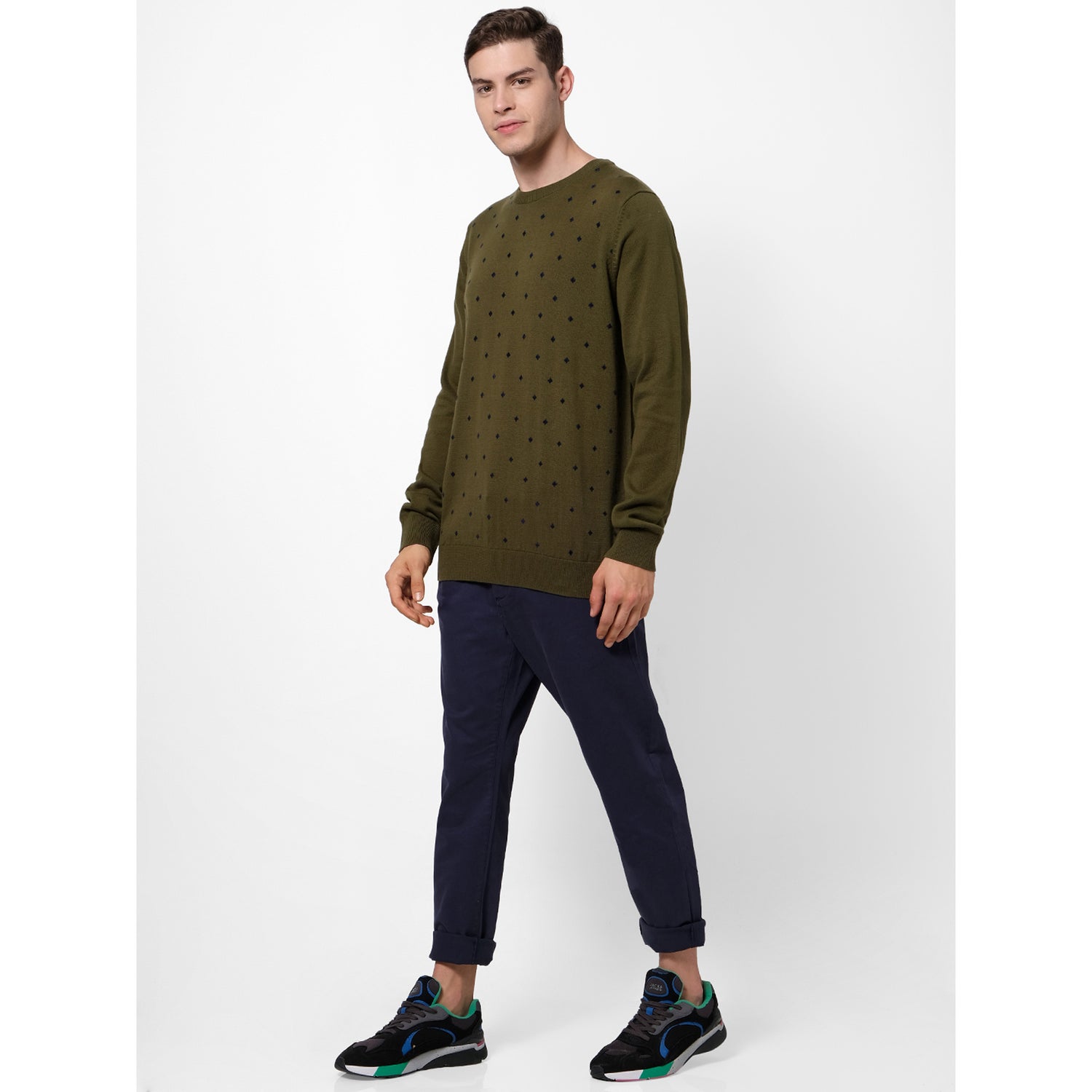 Olive Green Printed Pullover Sweater (SEFLOCK)