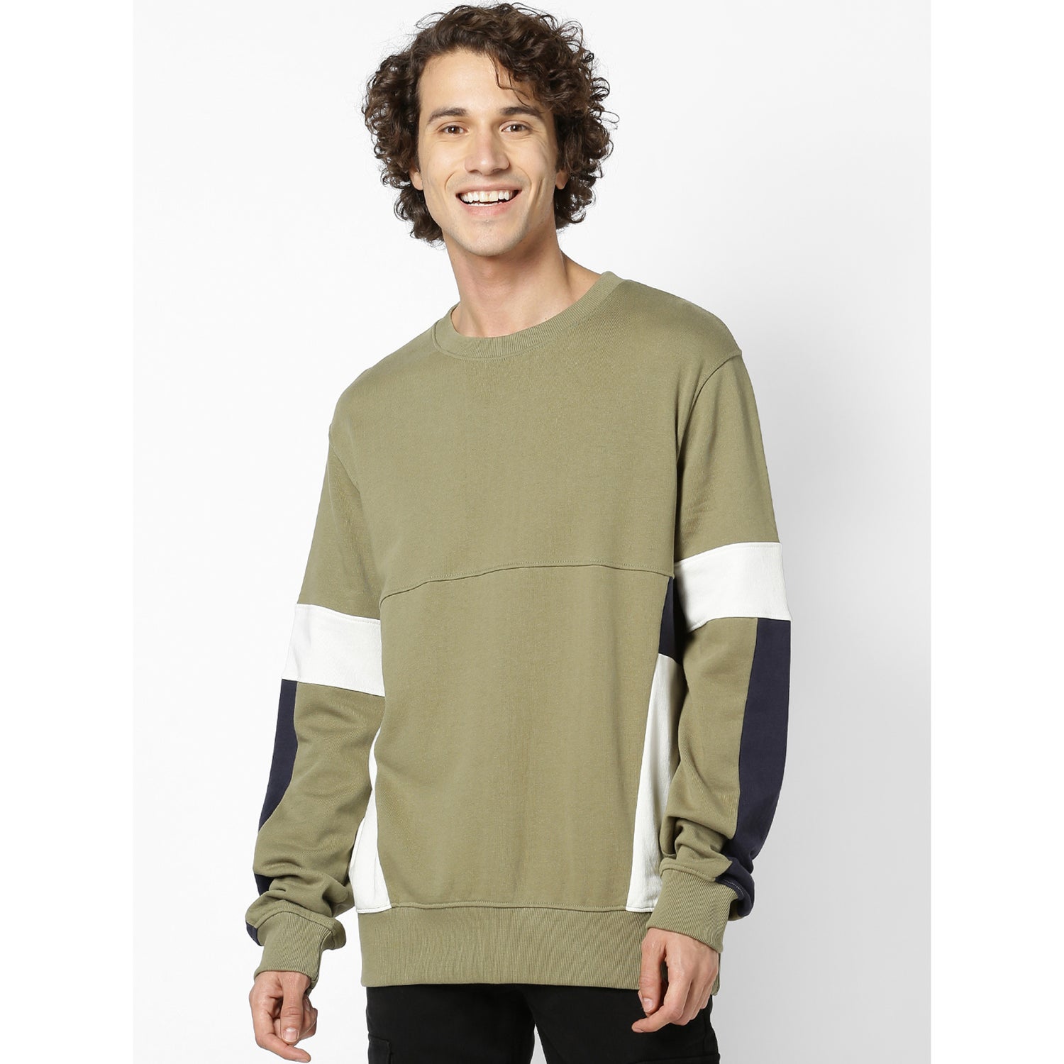 Olive Green and White Colourblocked Sweatshirt (SEPANEL)
