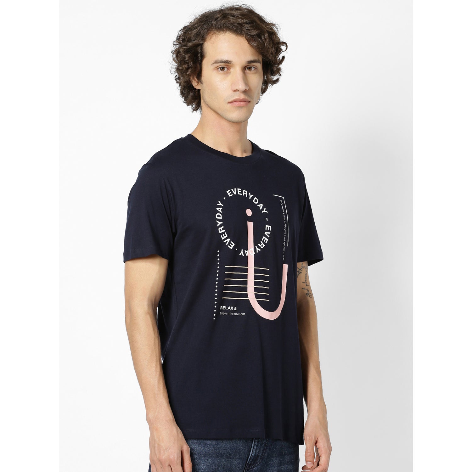 Navy Blue Cotton Printed Regular T-Shirt (SEPINK)