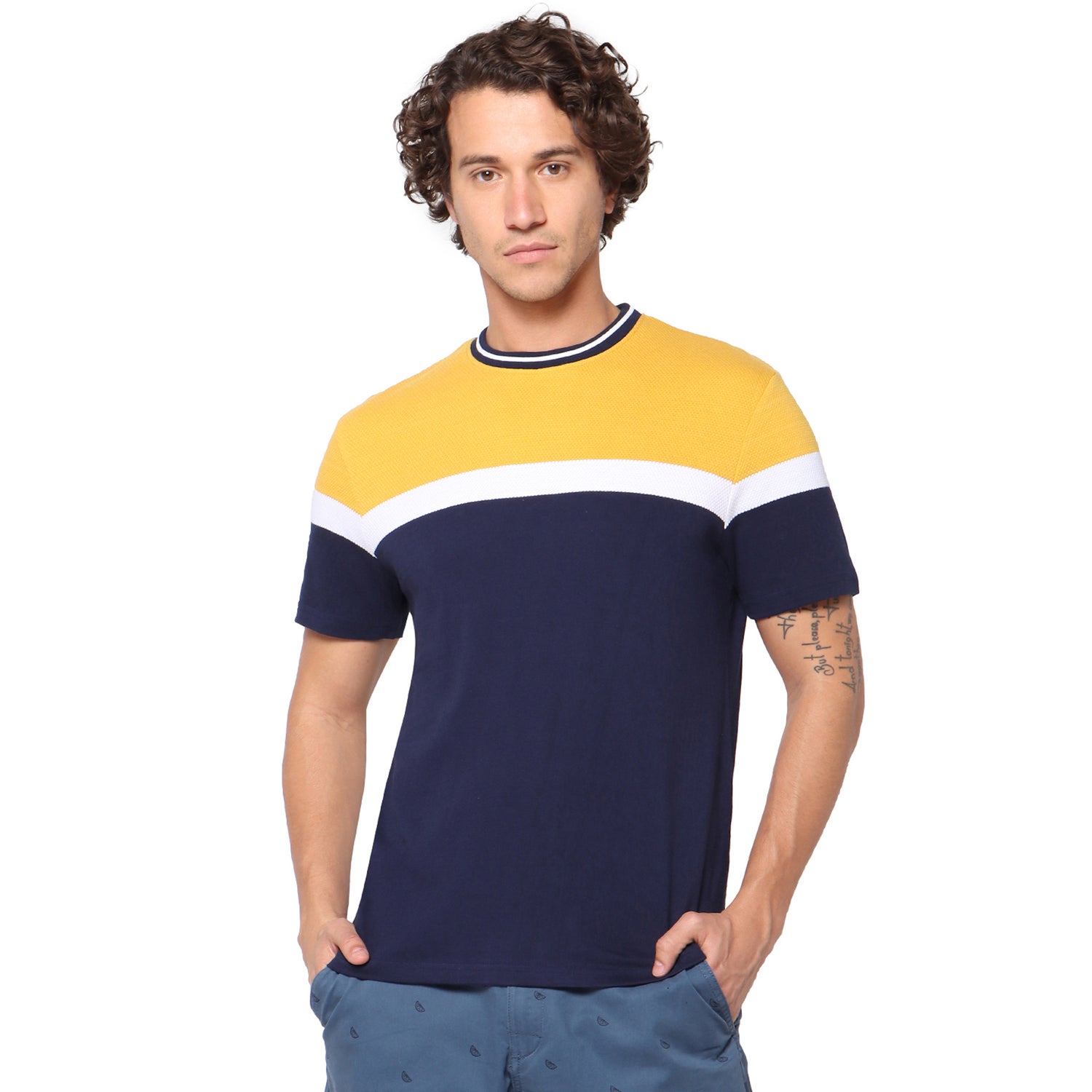 Navy Blue and Yellow Colourblocked Round Neck Pure Cotton T-shirt (SEPOP)