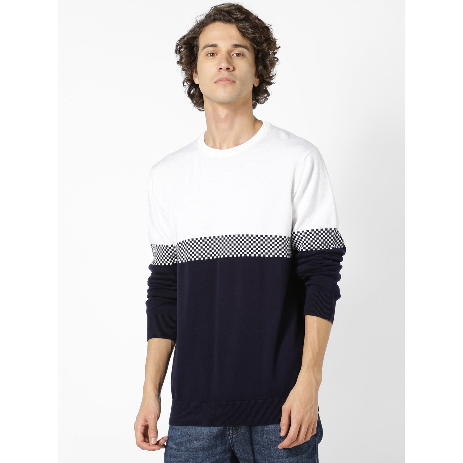 Navy Blue and White Colourblocked Pullover Sweater (SEZAG)