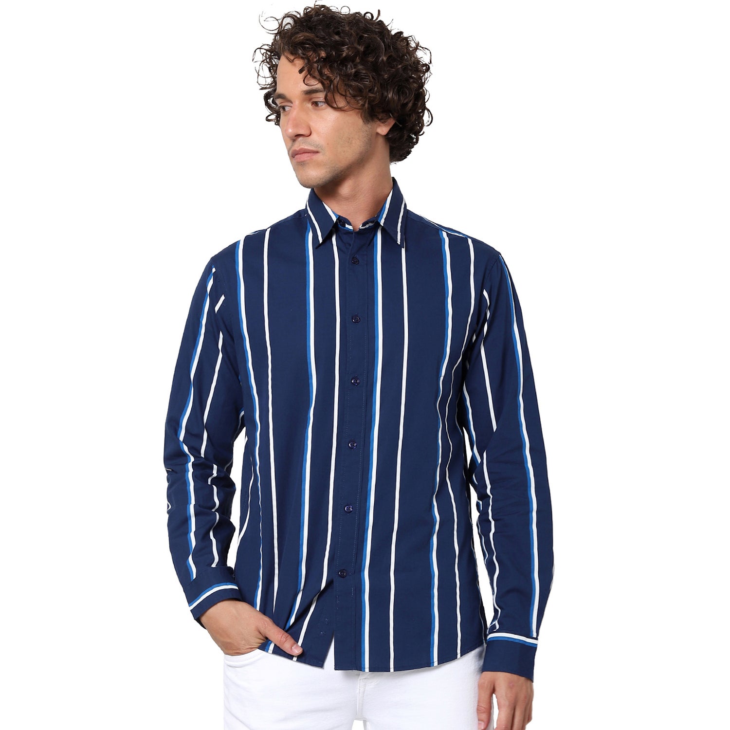 Navy Blue Multi Stripes Striped Casual Shirt (TACOBAR)