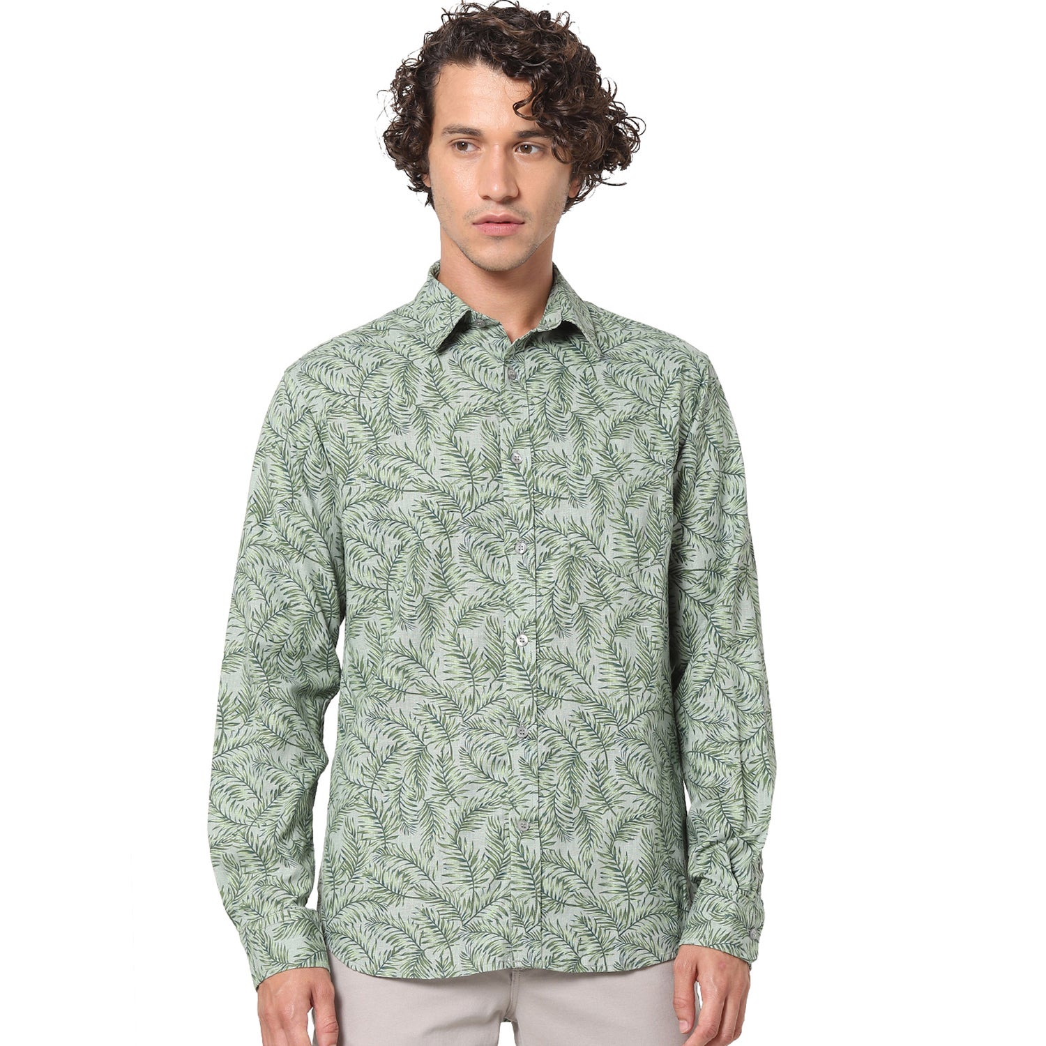 Olive Printed Casual Shirt (TAXLEAFIN)