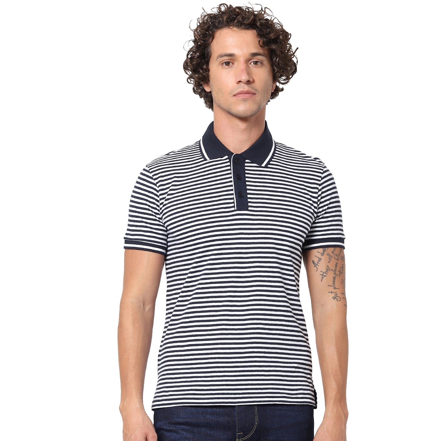 Blue Striped Polo Collar Linen Blend T-shirt (TEBARS)