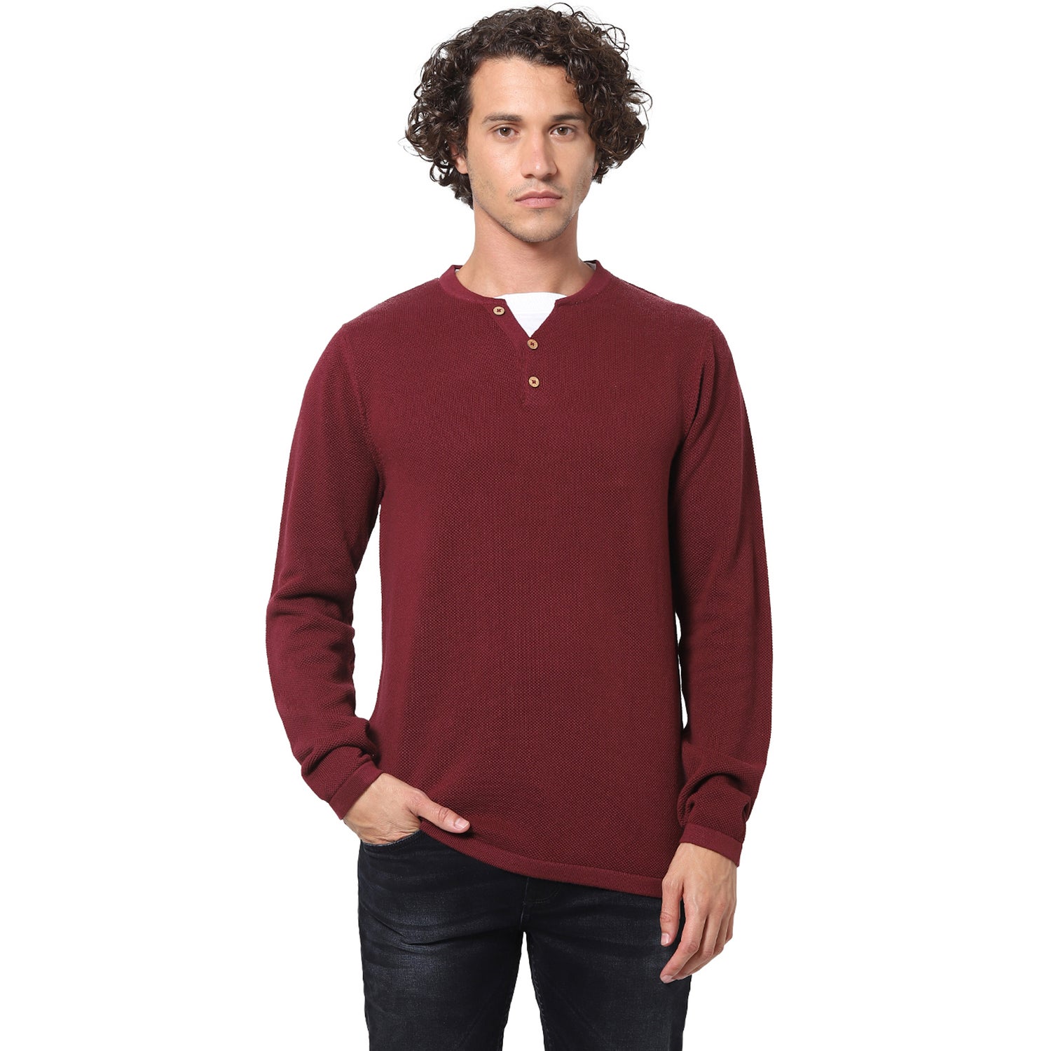 Burgundy V-Neck Solid Sweaters (TECHILLPIC)
