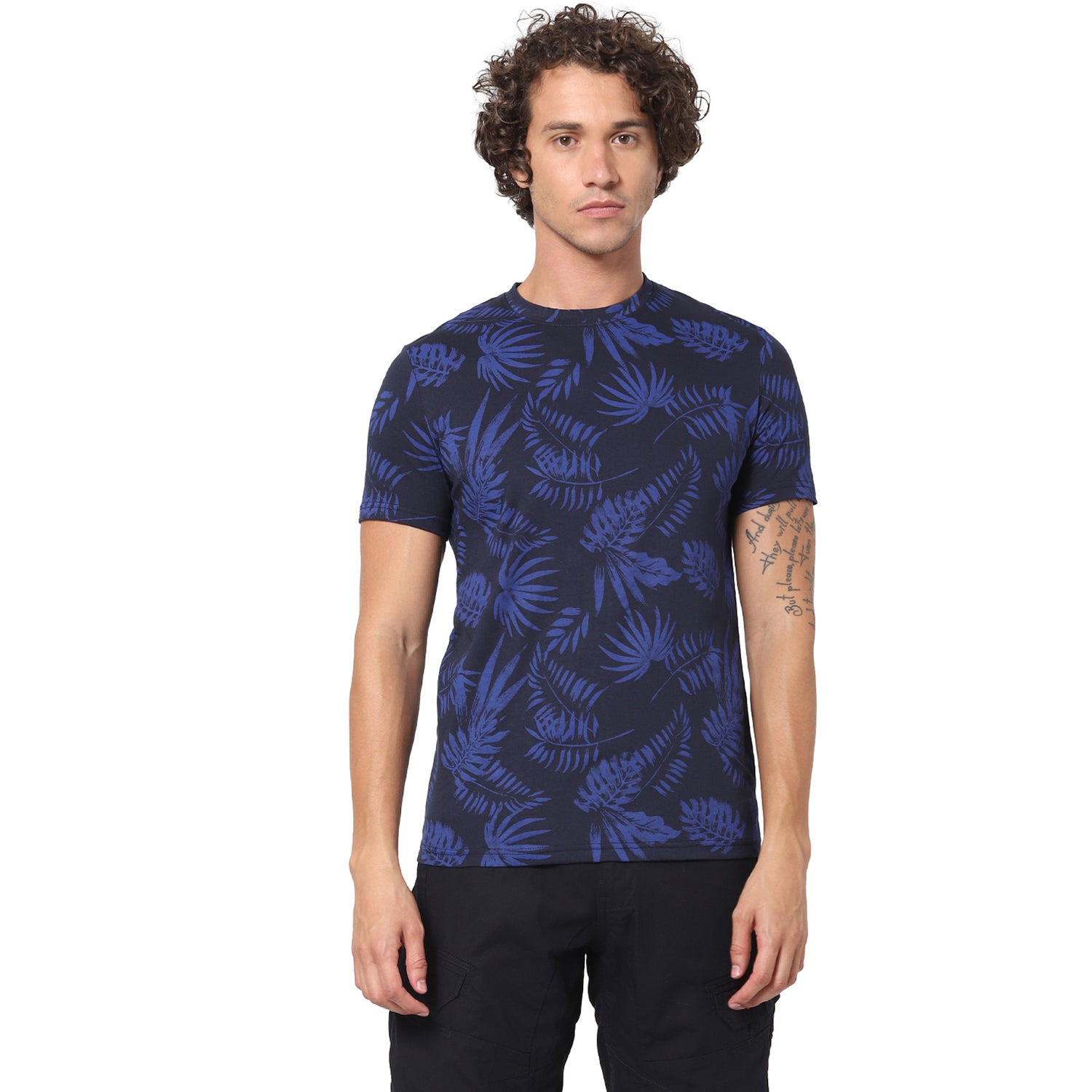 Navy Blue Floral Printed Tropical T-shirt (TECOCOTIER)