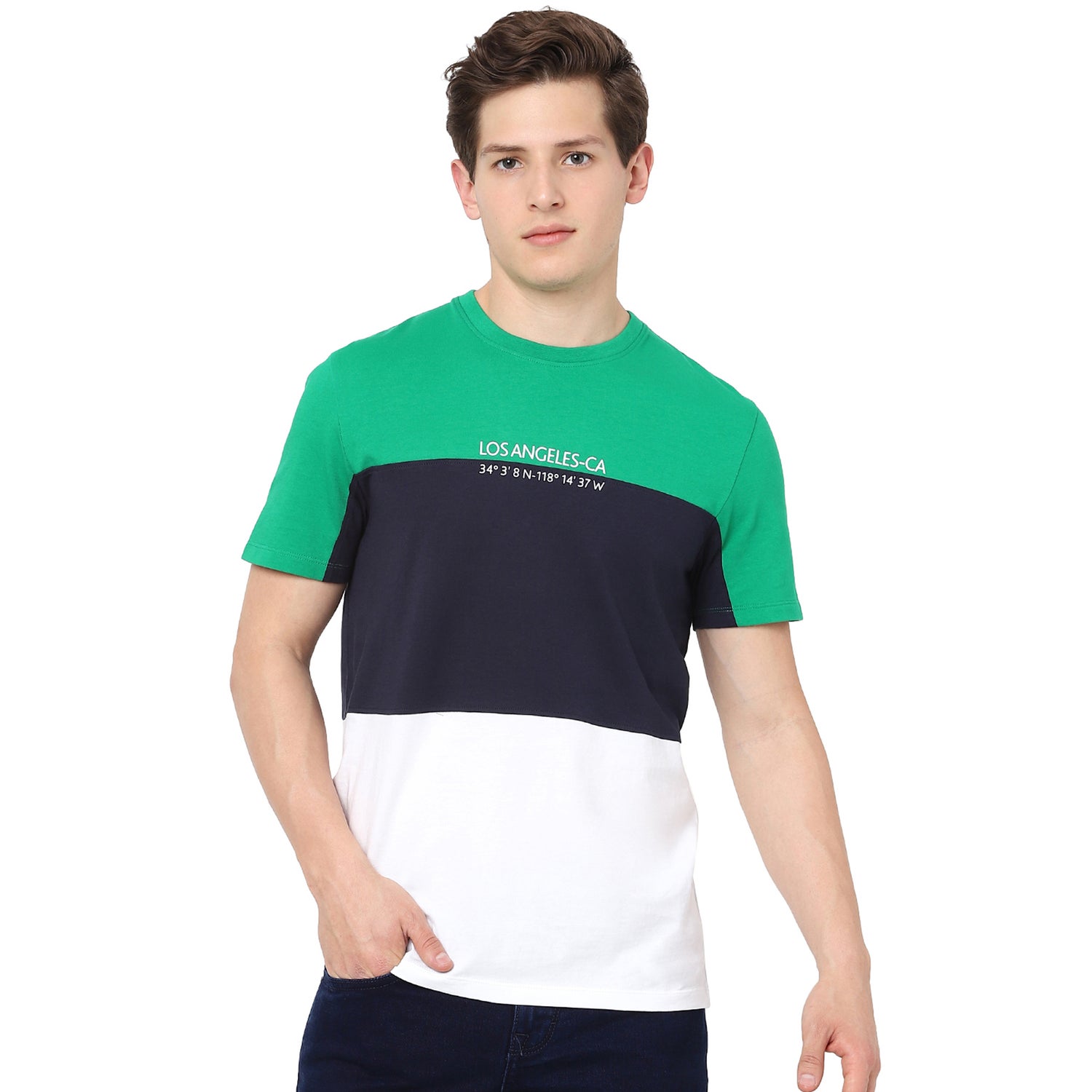 Green and Navy Blue Colourblocked T-shirt (TECORDO)