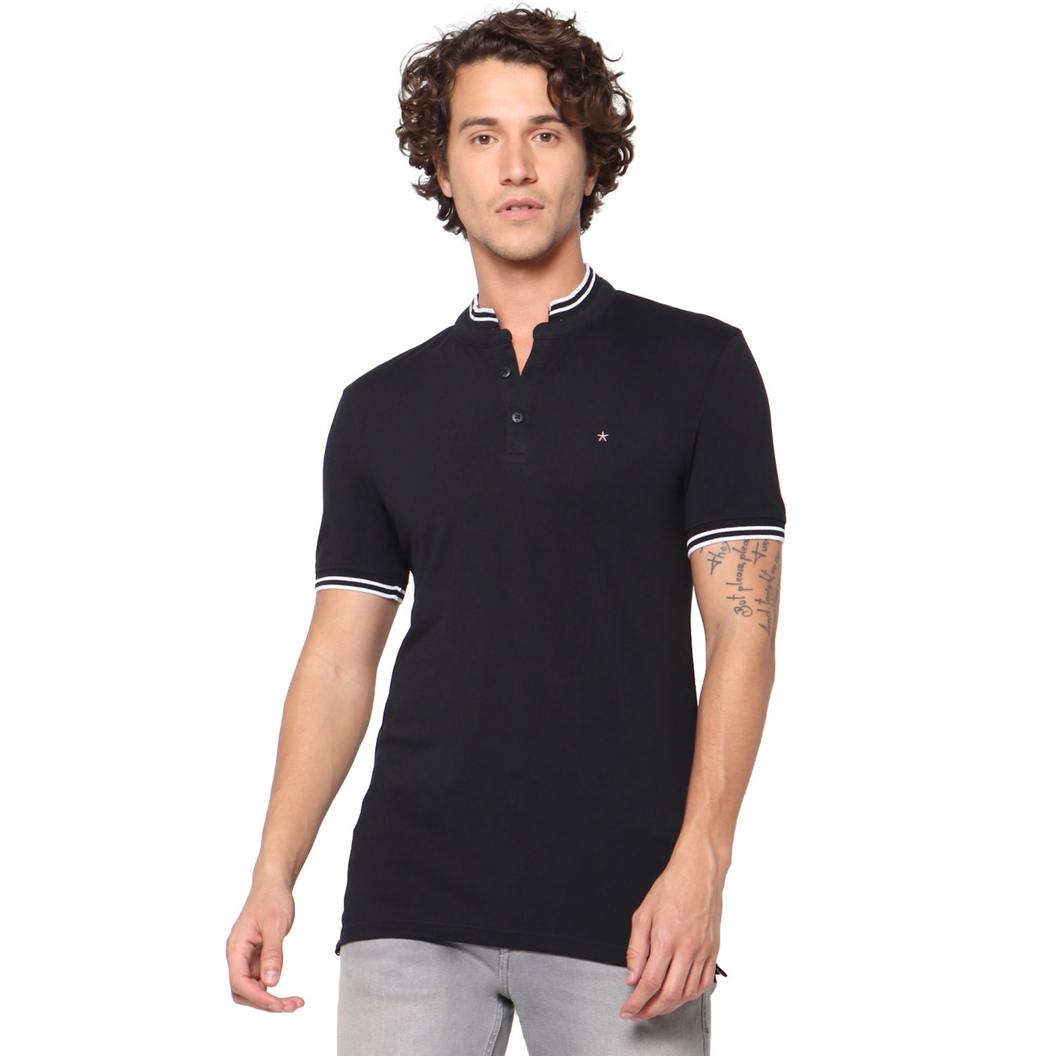 Black Solid Mandarin Collar T-shirt (TEFLASHY1)
