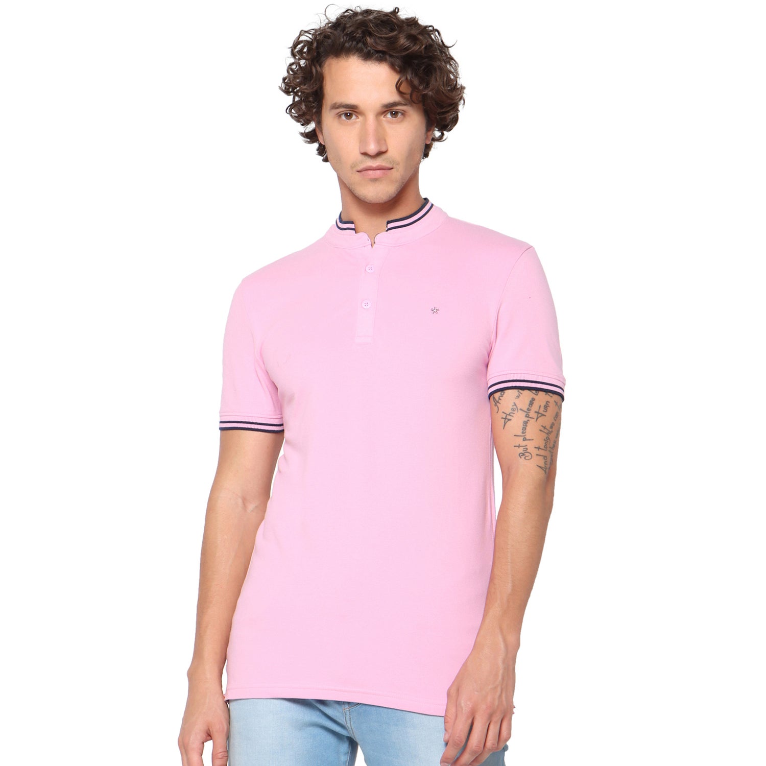 Pink Solid Mandarin Collar T-shirt (TEFLASHY1)