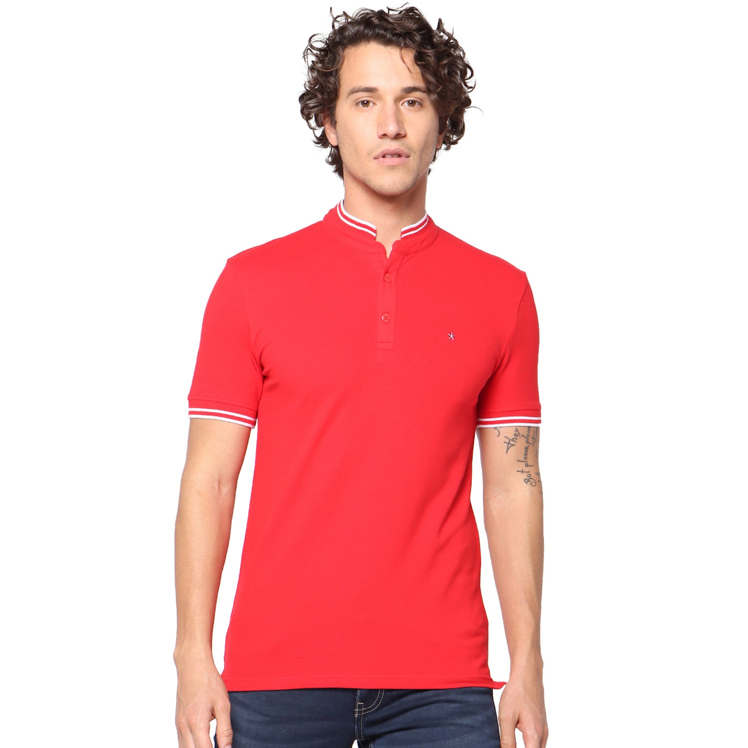 Red Solid Mandarin Collar T-shirt (TEFLASHY1)