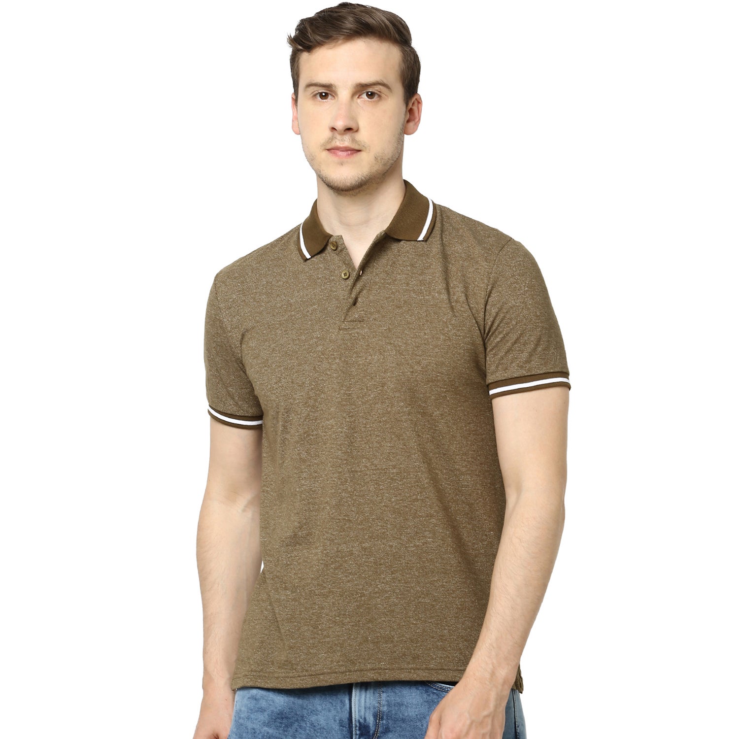 Olive Green Self Design Polo Collar T-shirt (TEGRINDLE)