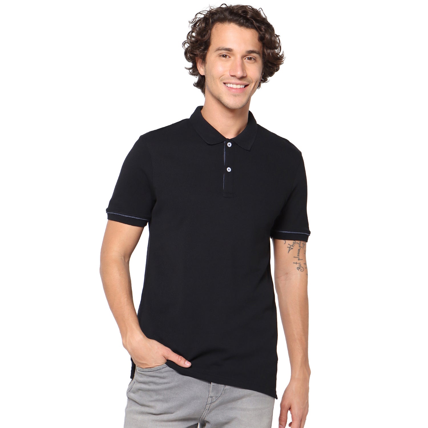 Black Solid Polo Collar Pure Cotton T-shirt (TEXSMARTIN)