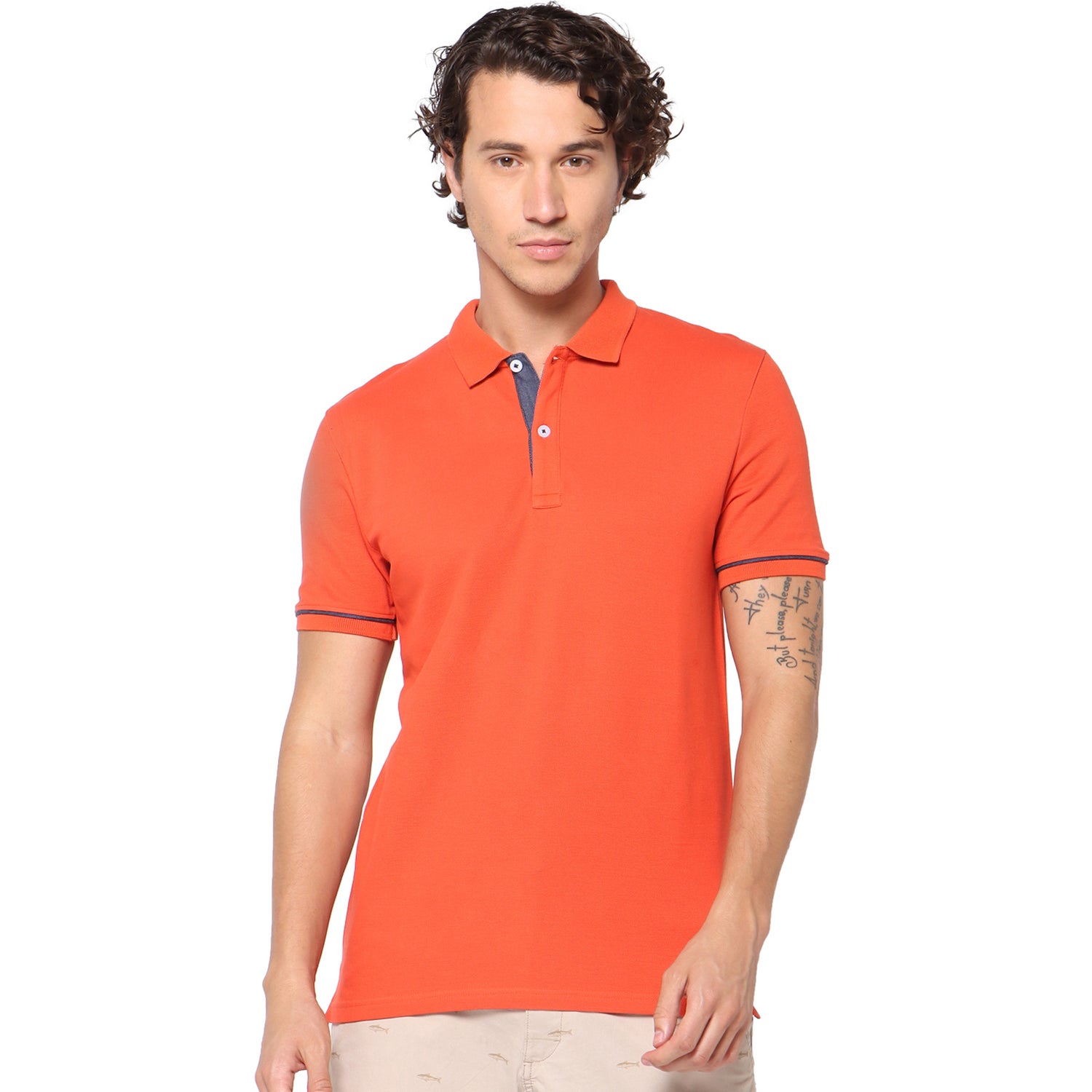 Orange Solid Polo Collar Pure Cotton T-shirt (TEXSMARTIN)