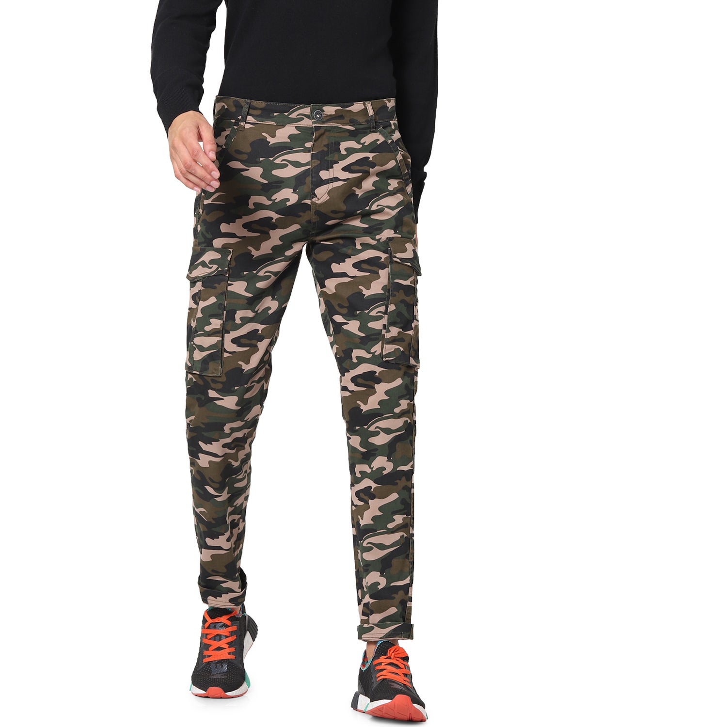 Green Printed Slim Fit Cargos Trousers (TOCARGO)