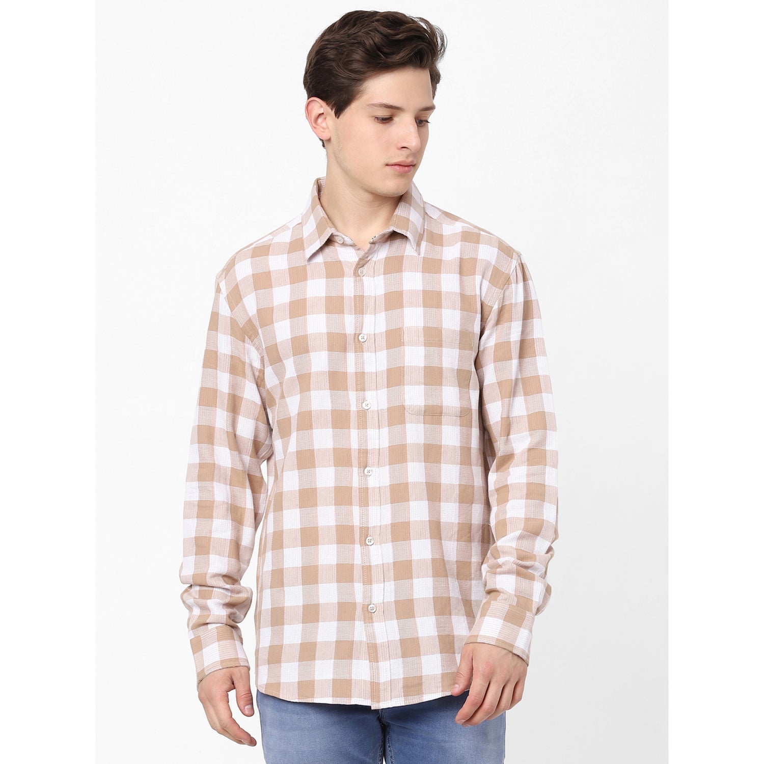 Beige and White Slim Fit Gingham Checked Casual Cotton Shirt (VABOX)