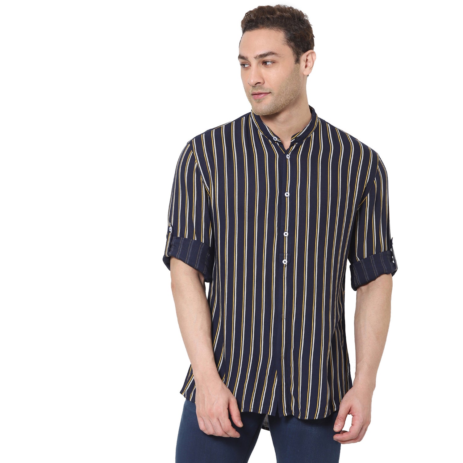 Navy Blue and Yellow Slim Fit Vertical Striped Mandarin Collar Casual Shirt (VACREPE)