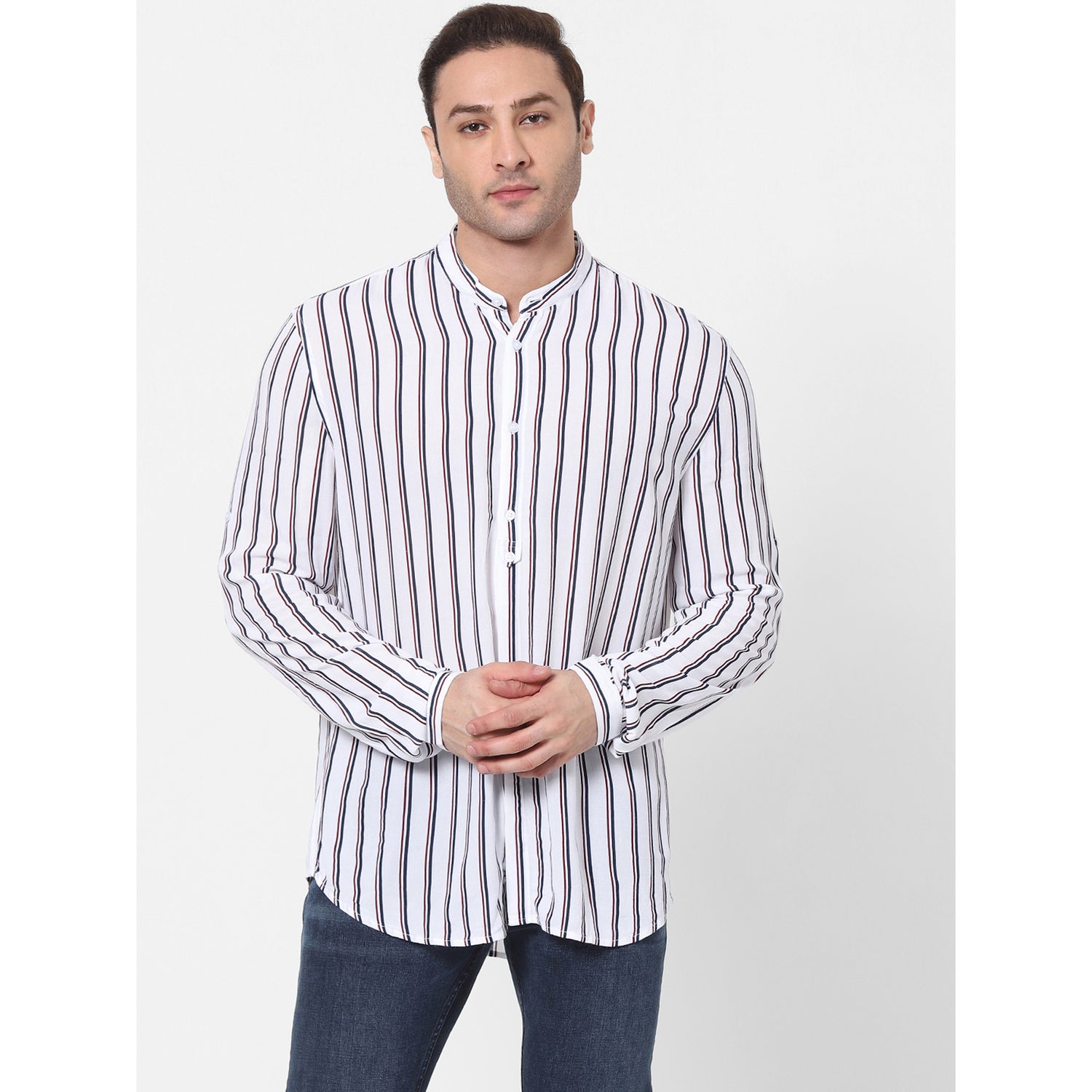 White Slim Fit Vertical Striped Mandarin Collar Casual Shirt (VACREPE)