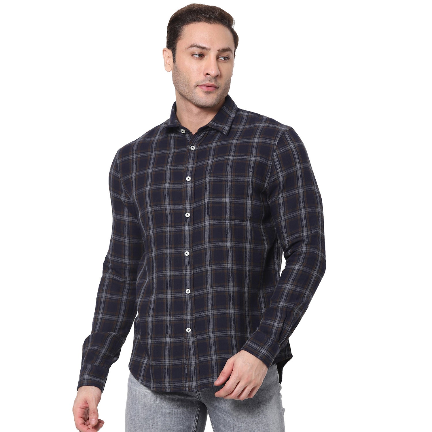 Navy Blue and Grey Checked Cotton Casual Shirt (VADUO1)