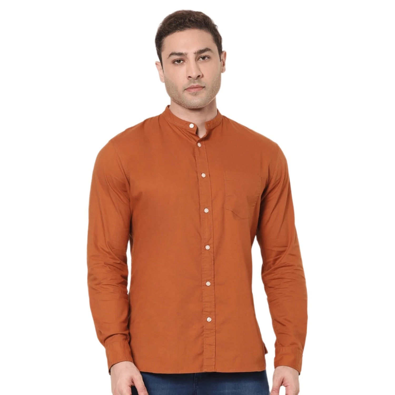 Rust Mandarin Collar Cotton Casual Shirt (VAFLANN)