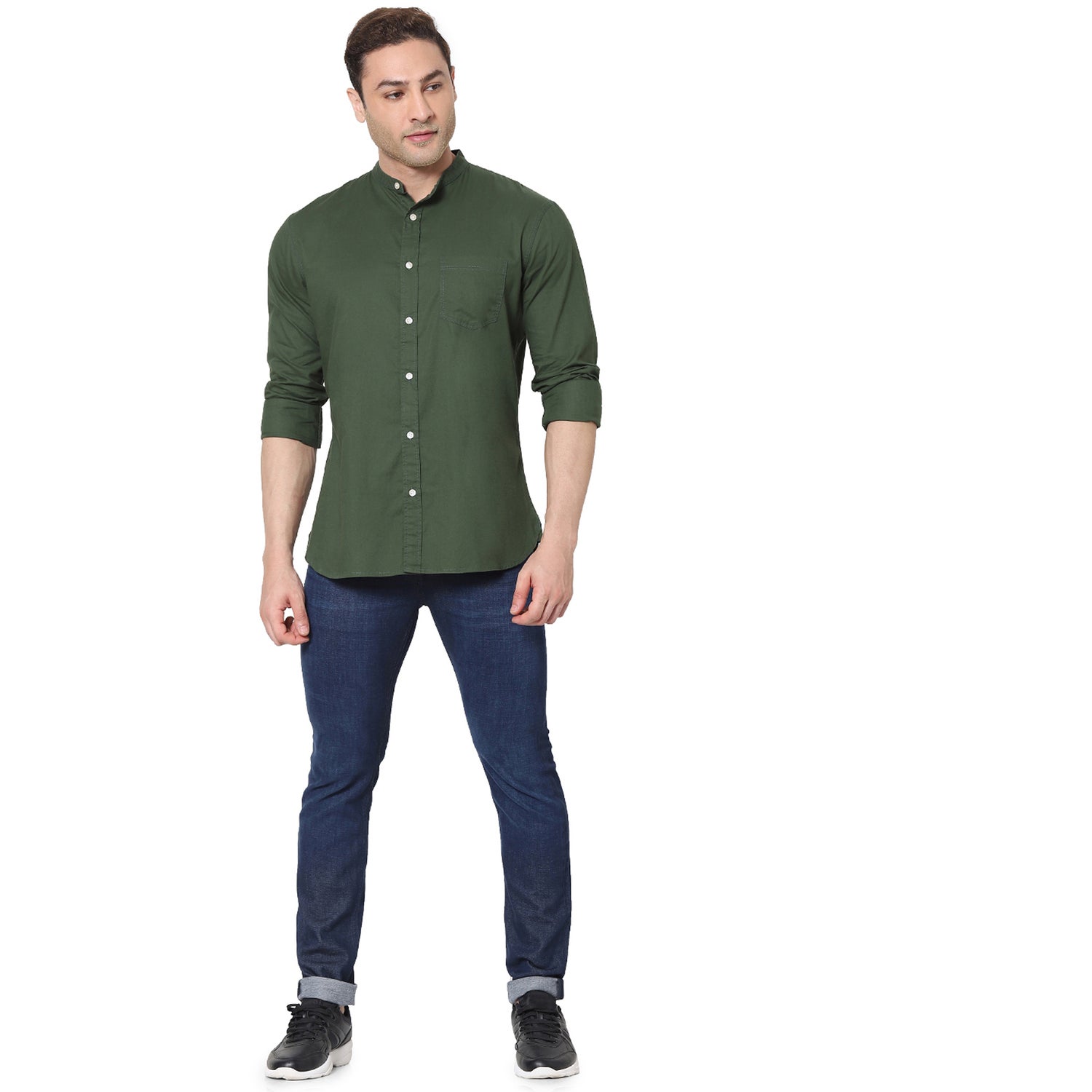 Green Mandarin Collar Cotton Casual Shirt (VAFLANN)