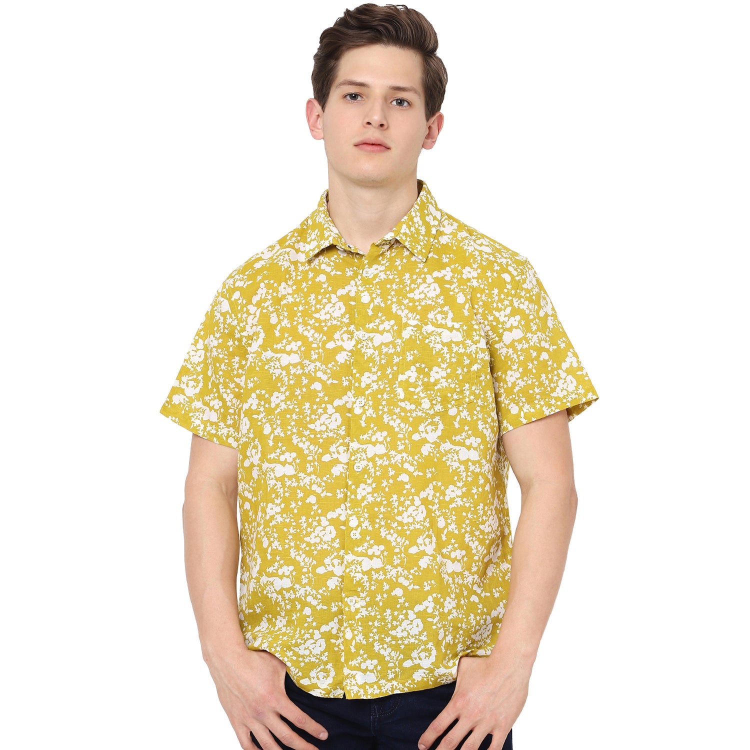 Mustard Yellow Floral Printed Casual Linen Shirt (VALINPRI)