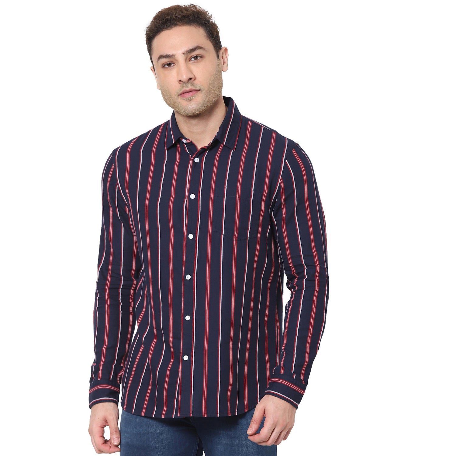 Navy Blue and Red Vertical Striped Cotton Casual Shirt (VAMATELLAS)