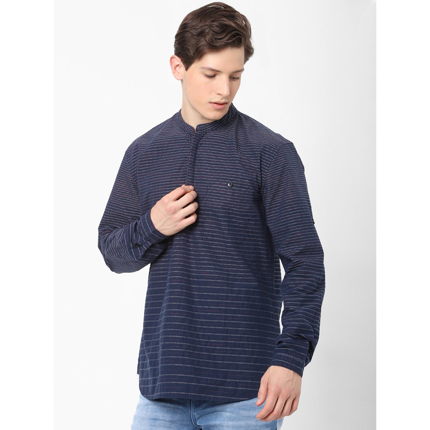 Navy Blue Slim Fit Horizontal Striped Casual Cotton Shirt (VAPREDOB)